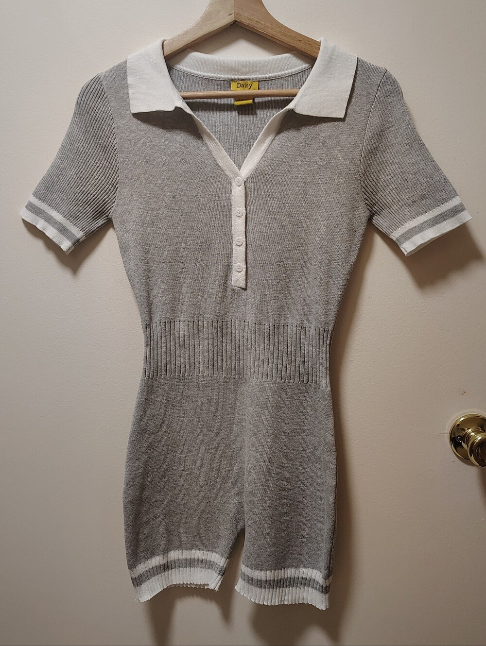 Cute Gray Ribbed Button Up Varsity Style Romper
